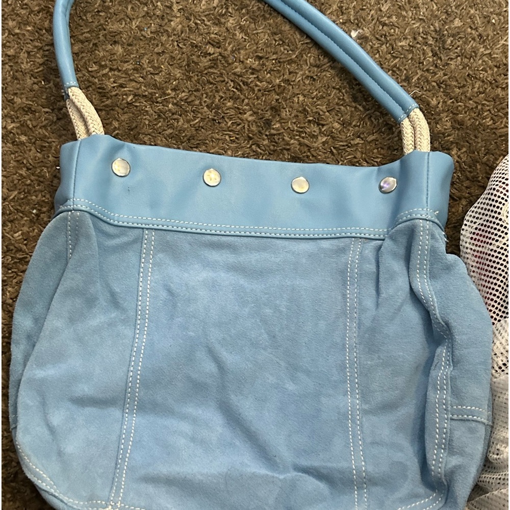 Authentic Large Baby-Blue Suede Tote Hand Bag Purse Rope HandleSnap Closure Avon
